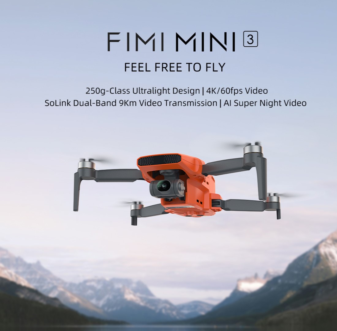 FIMI Mini 3 drone in flight during a search and rescue mission, hovering steadily above rugged terrain while capturing high-resolution aerial imagery for locating missing persons and assessing hard-to-reach areas in emergency response operations.