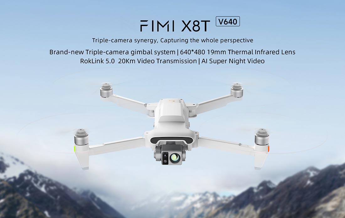 FIMI X8T V640 drone used in Search and Rescue (SAR) operations, featuring a dual EO/thermal camera mounted under the fuselage, flying over rugged terrain while scanning for missing persons, with emphasis on thermal imaging, long-range flight capability, and real-time aerial surveillance for emergency response.