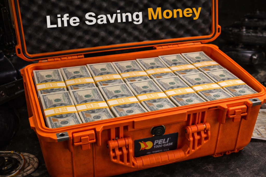 My rugged Peli Case filled with neatly stacked $100,000 in US bills. Парите са готови за спешни Life Saving Money – средства, които могат да спасят животи в критични ситуации.