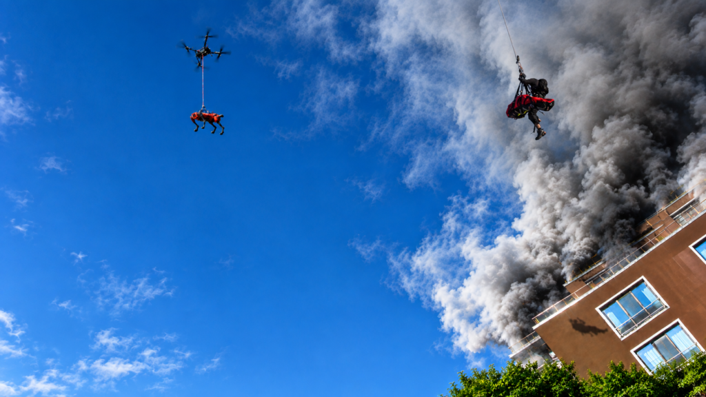 Aerial rescue operation amid thick smoke and flames, demonstrating advanced emergency response and high-altitude search and rescue capabilities.